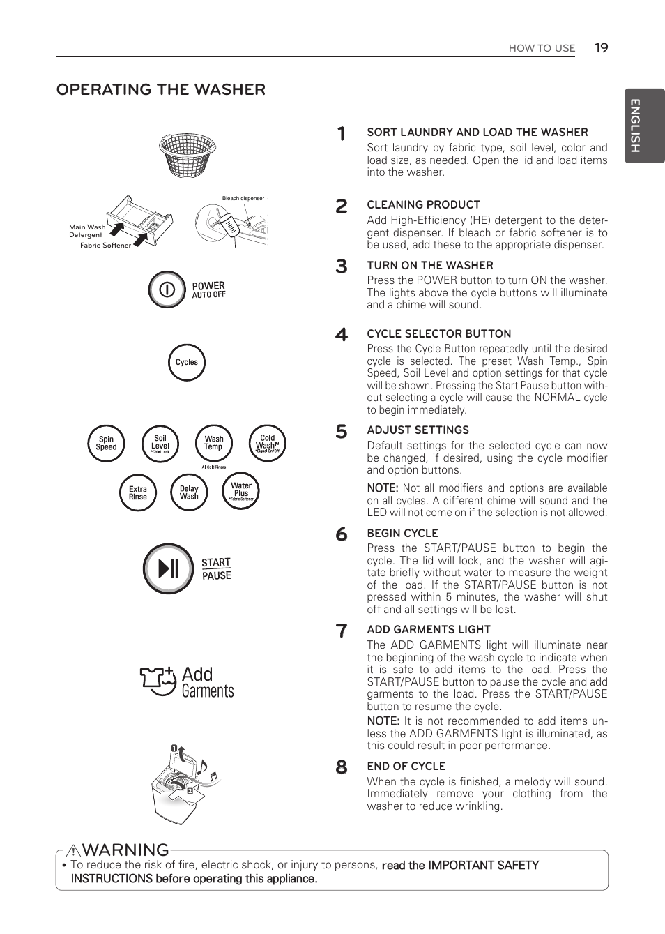 Warning, Operating the washer | LG WT1001CW User Manual | Page 19 / 72