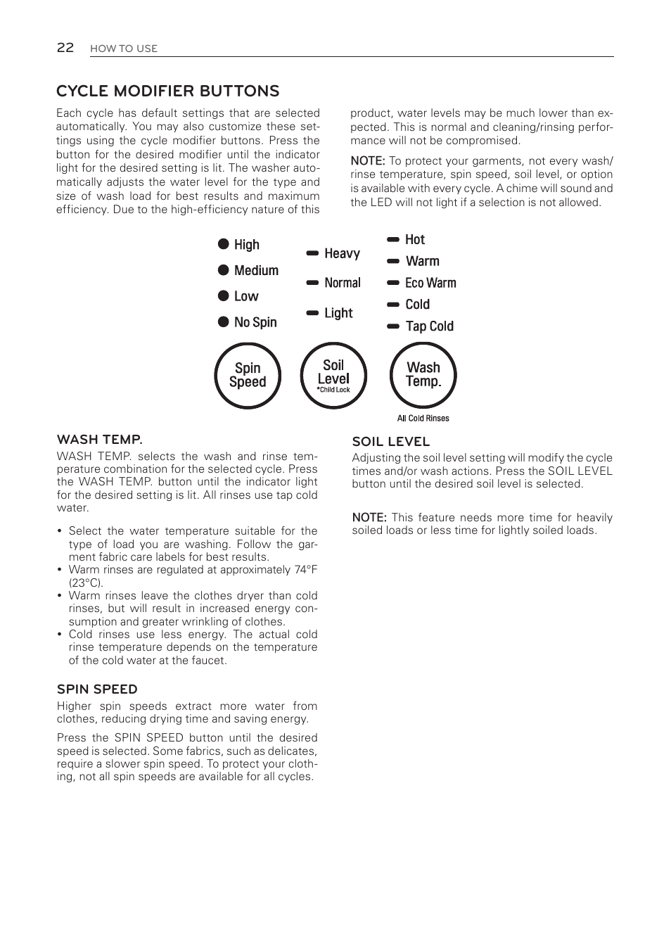 Cycle modifier buttons | LG WT1001CW User Manual | Page 22 / 72