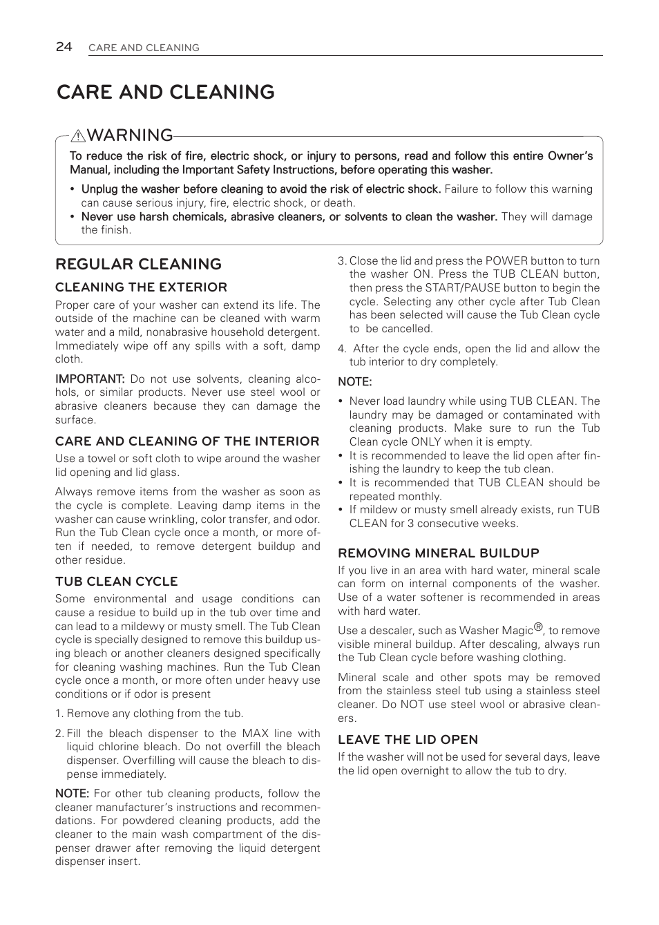 Care and cleaning, Warning, Regular cleaning | LG WT1001CW User Manual | Page 24 / 72
