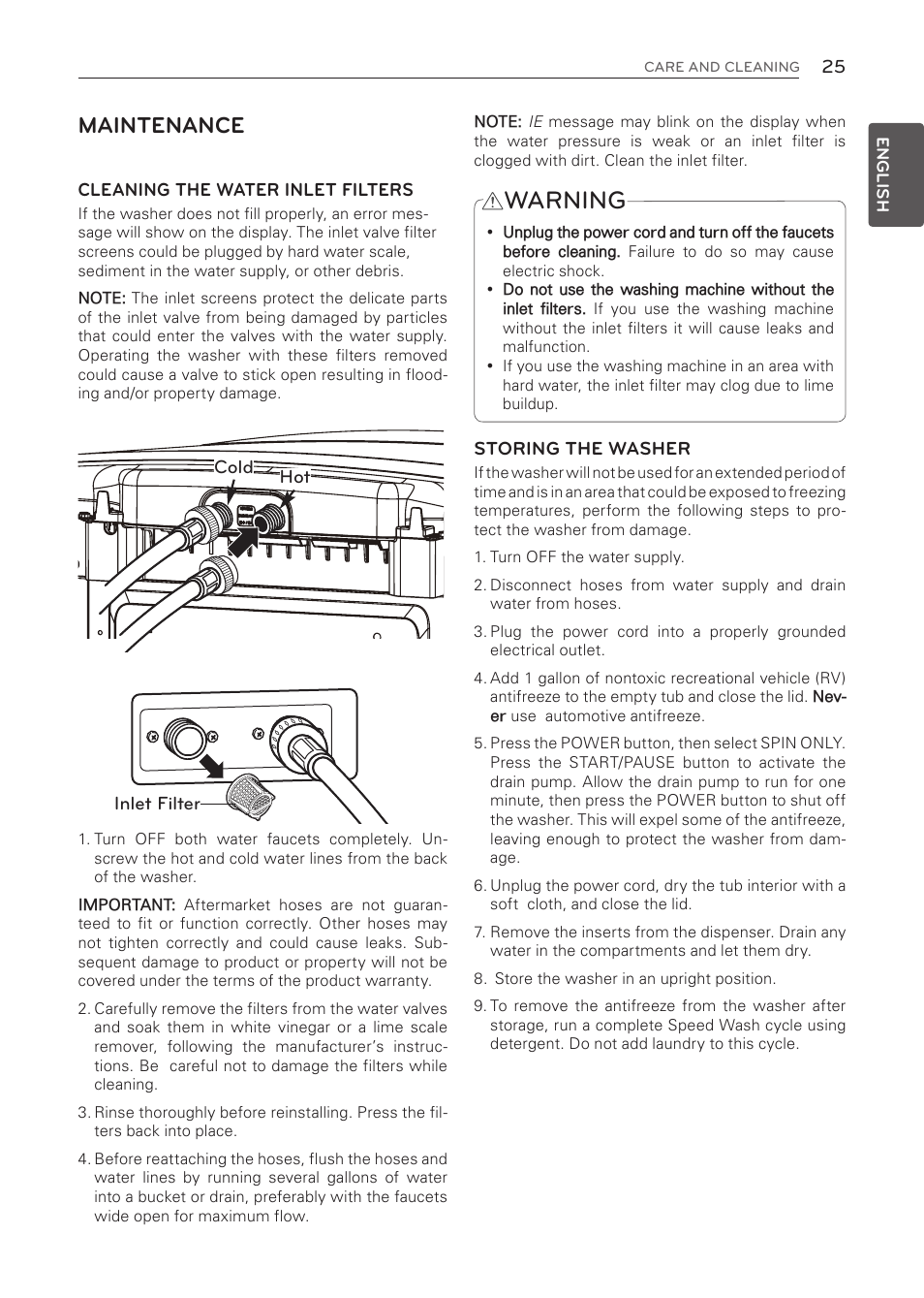 Warning, Maintenance | LG WT1001CW User Manual | Page 25 / 72