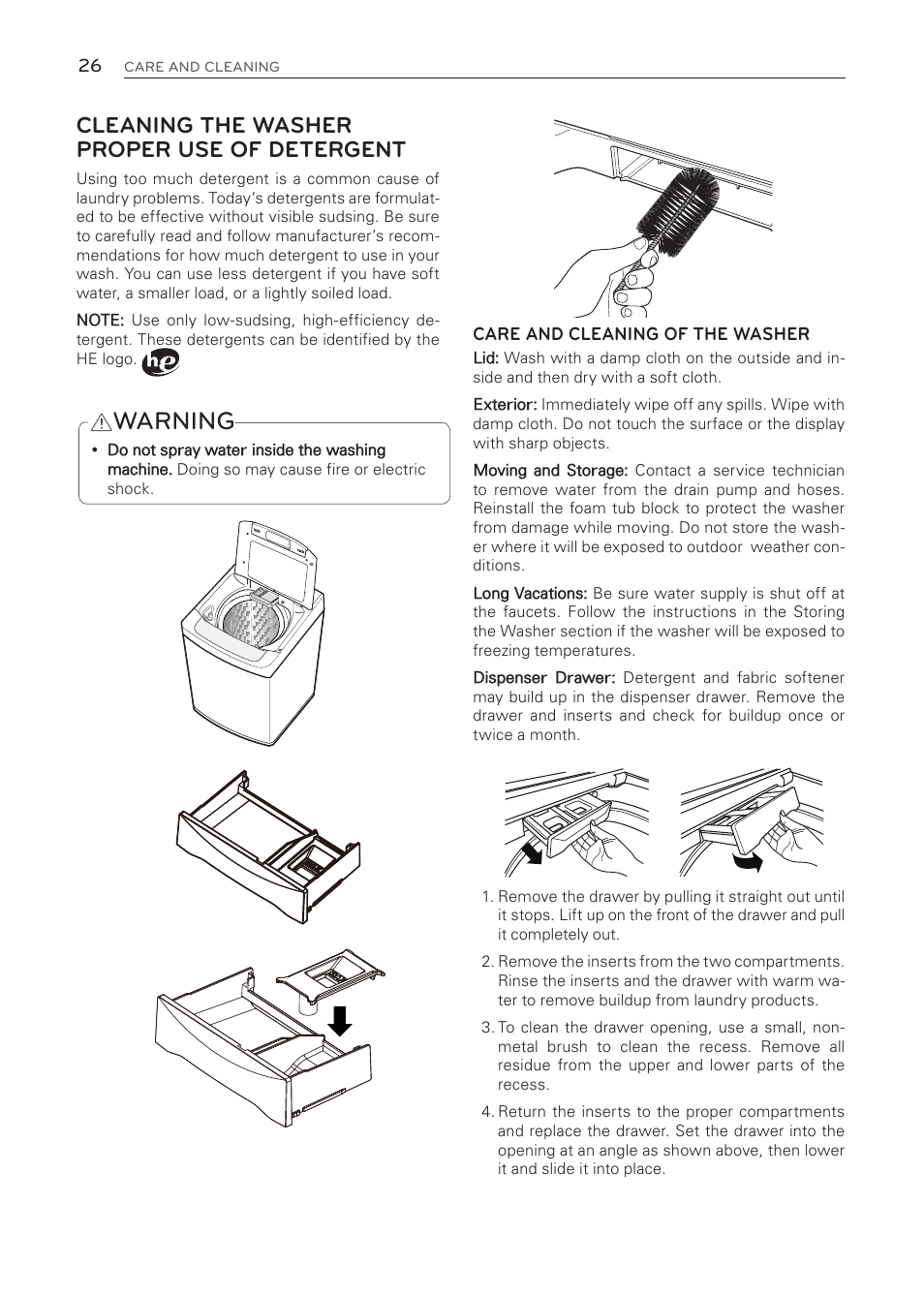 Warning, Cleaning the washer proper use of detergent | LG WT1001CW User Manual | Page 26 / 72