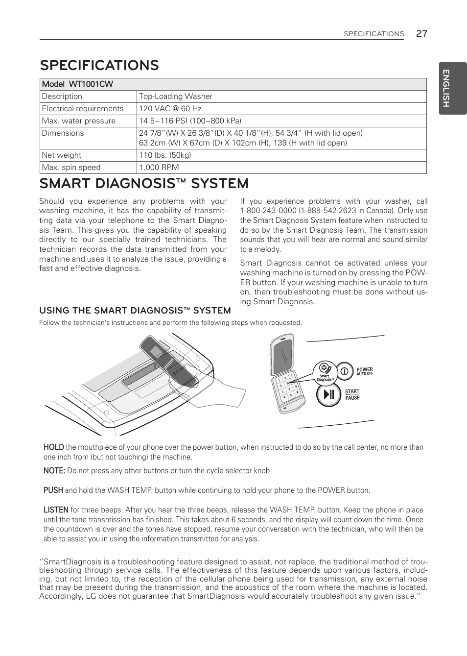 Specifications, Smart diagnosis™ system | LG WT1001CW User Manual | Page 27 / 72