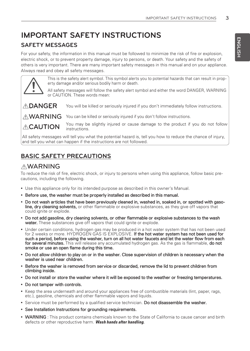 Important safety instructions, Warning warning caution danger, Basic safety precautions | Safety messages | LG WT1001CW User Manual | Page 3 / 72