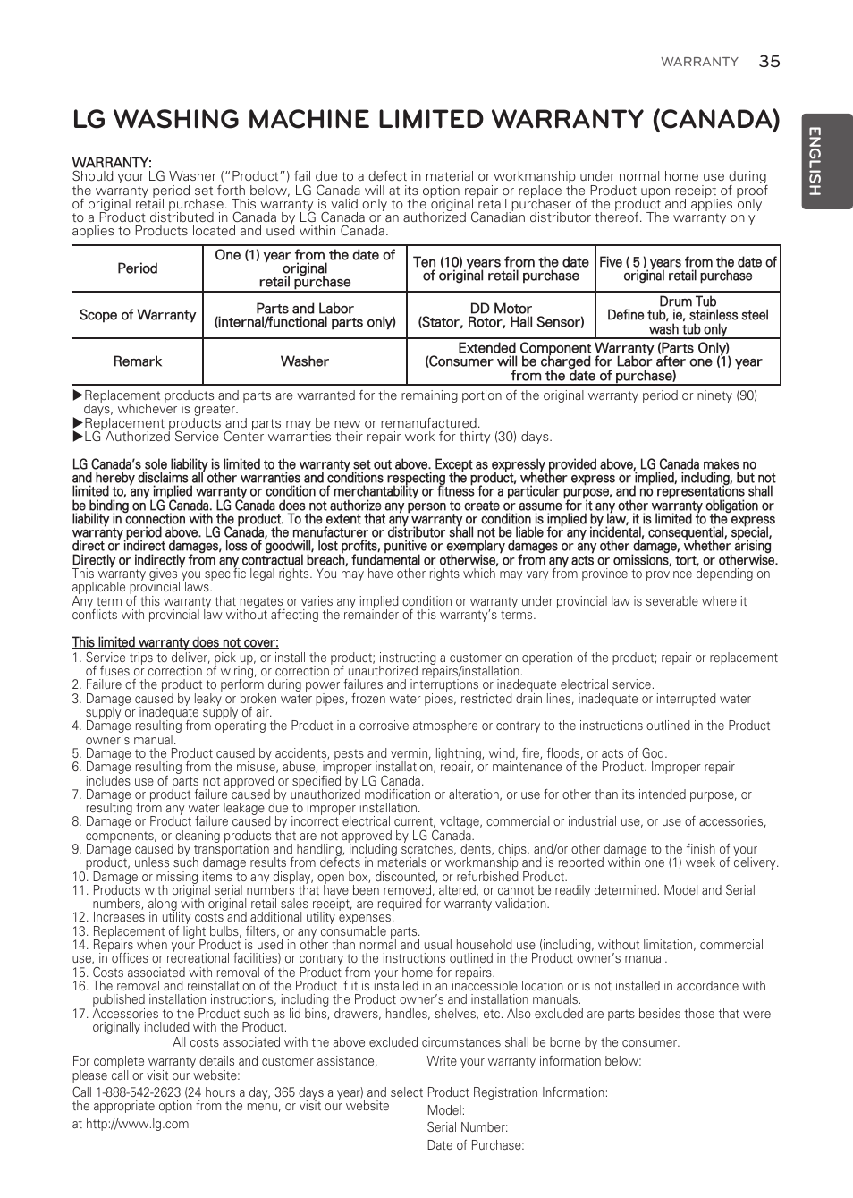 Lg washing machine limited warranty (canada) | LG WT1001CW User Manual | Page 35 / 72