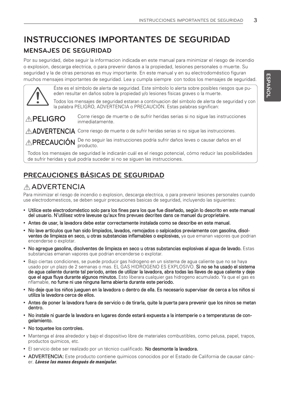 Instrucciones importantes de seguridad, Advertencia advertencia precaución peligro, Precauciones básicas de seguridad | Mensajes de seguridad | LG WT1001CW User Manual | Page 39 / 72