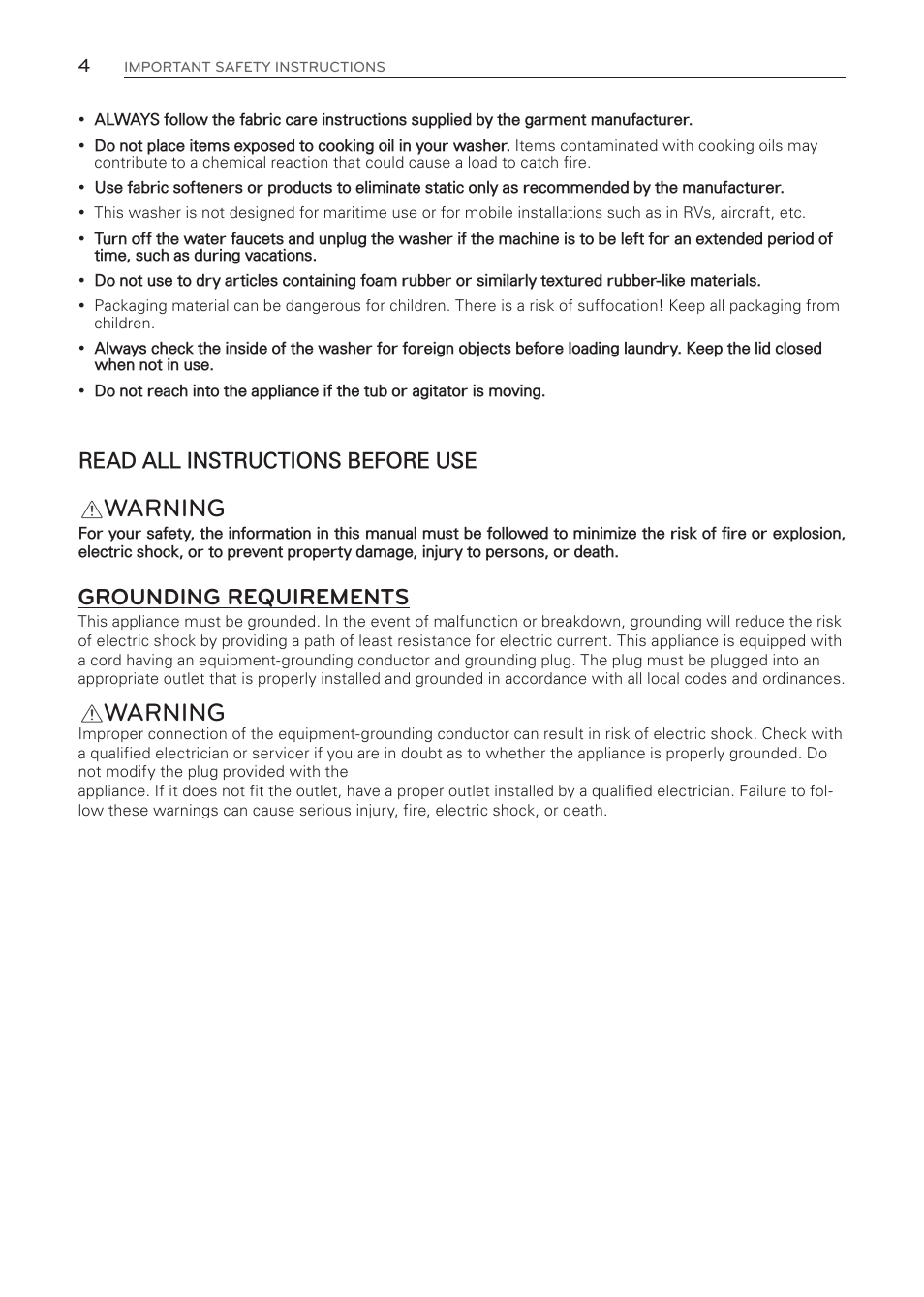 Warning, Grounding requirements, Read all instructions before use | LG WT1001CW User Manual | Page 4 / 72