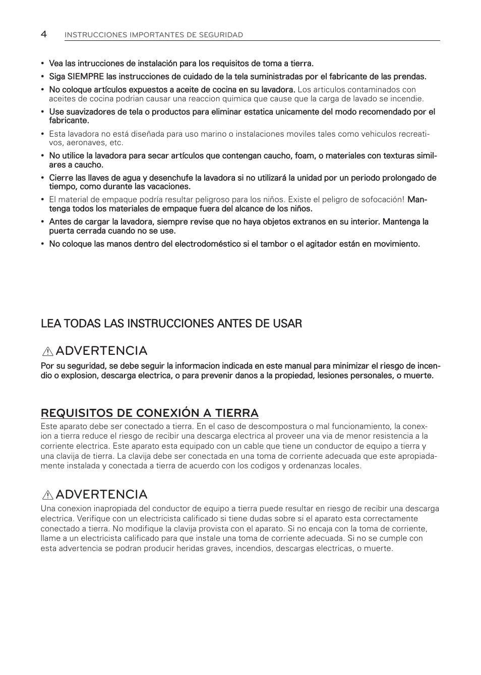 Advertencia, Requisitos de conexión a tierra, Lea todas las instrucciones antes de usar | LG WT1001CW User Manual | Page 40 / 72