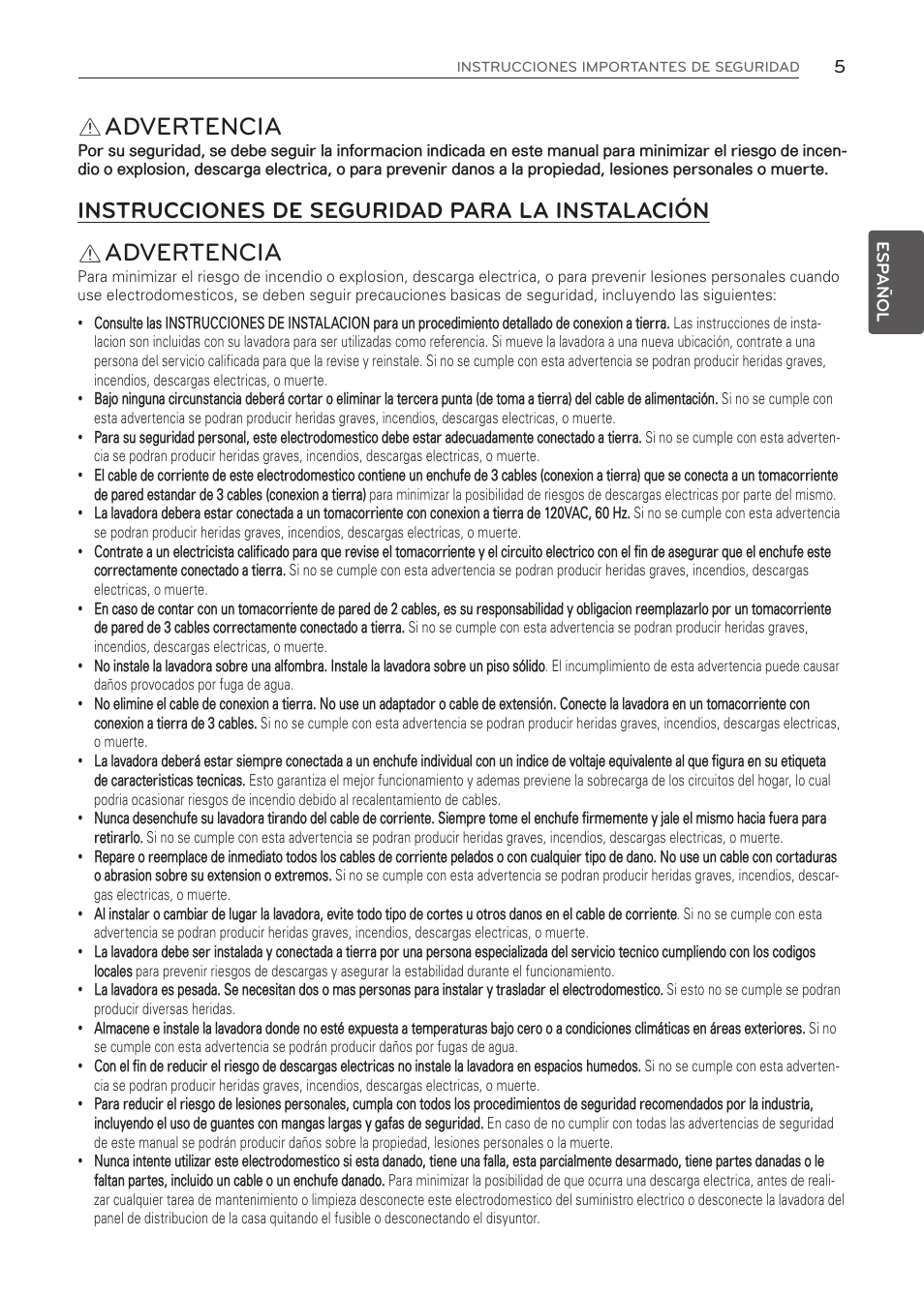 Advertencia, Instrucciones de seguridad para la instalación | LG WT1001CW User Manual | Page 41 / 72