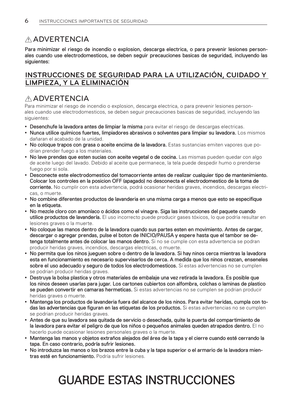 Guarde estas instrucciones, Advertencia | LG WT1001CW User Manual | Page 42 / 72