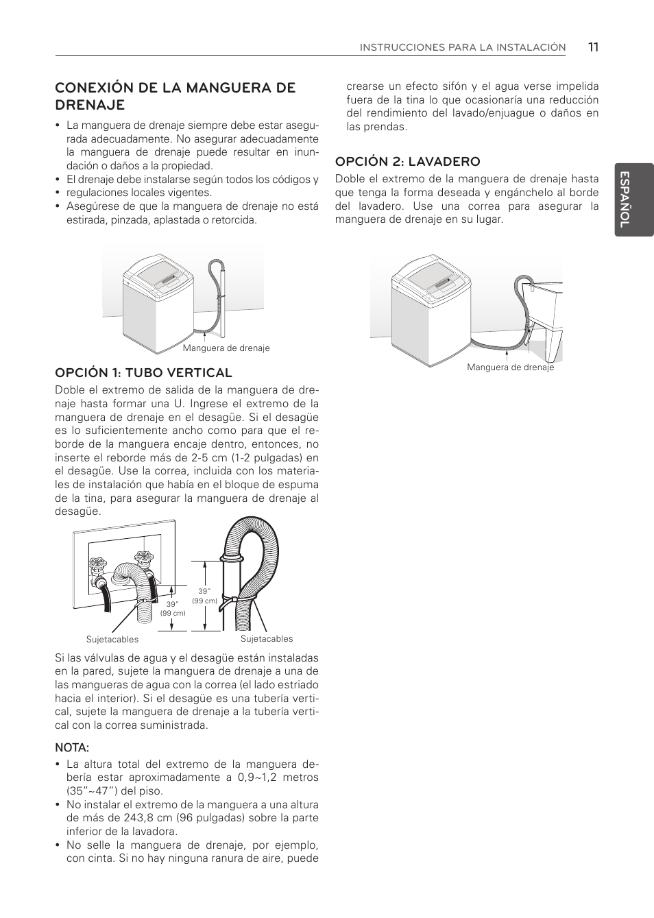 Conexión de la manguera de drenaje | LG WT1001CW User Manual | Page 47 / 72
