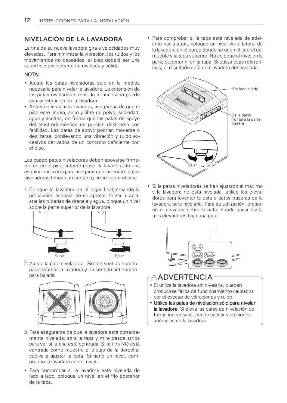 Advertencia, Nivelación de la lavadora | LG WT1001CW User Manual | Page 48 / 72