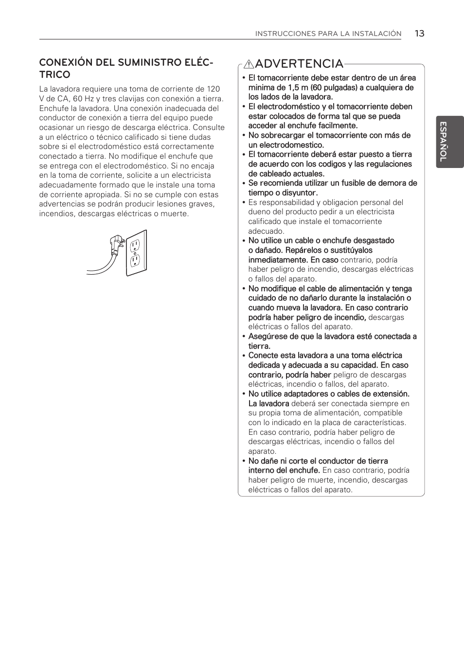 Advertencia, Conexión del suministro eléc- trico | LG WT1001CW User Manual | Page 49 / 72