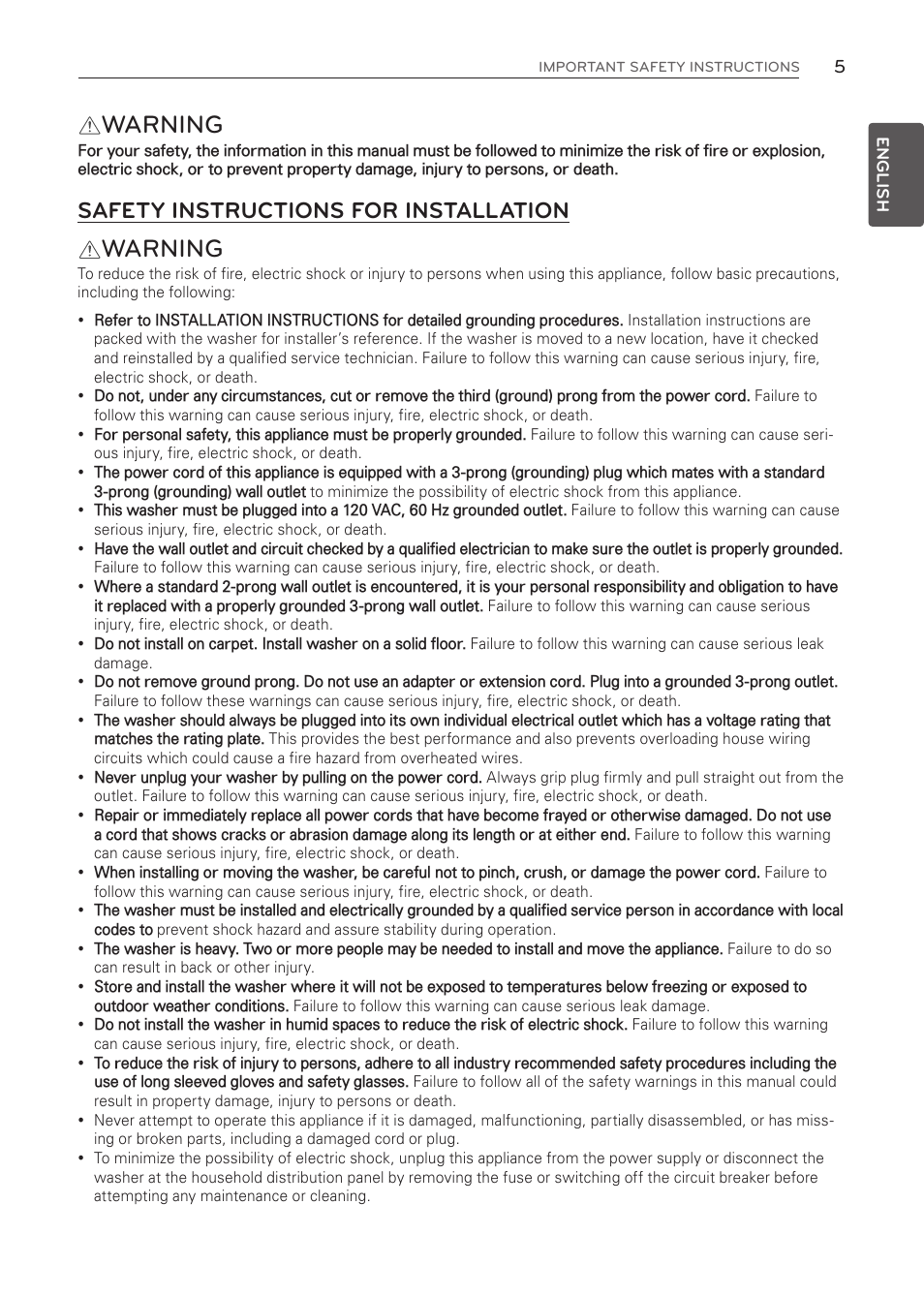 Warning, Safety instructions for installation | LG WT1001CW User Manual | Page 5 / 72