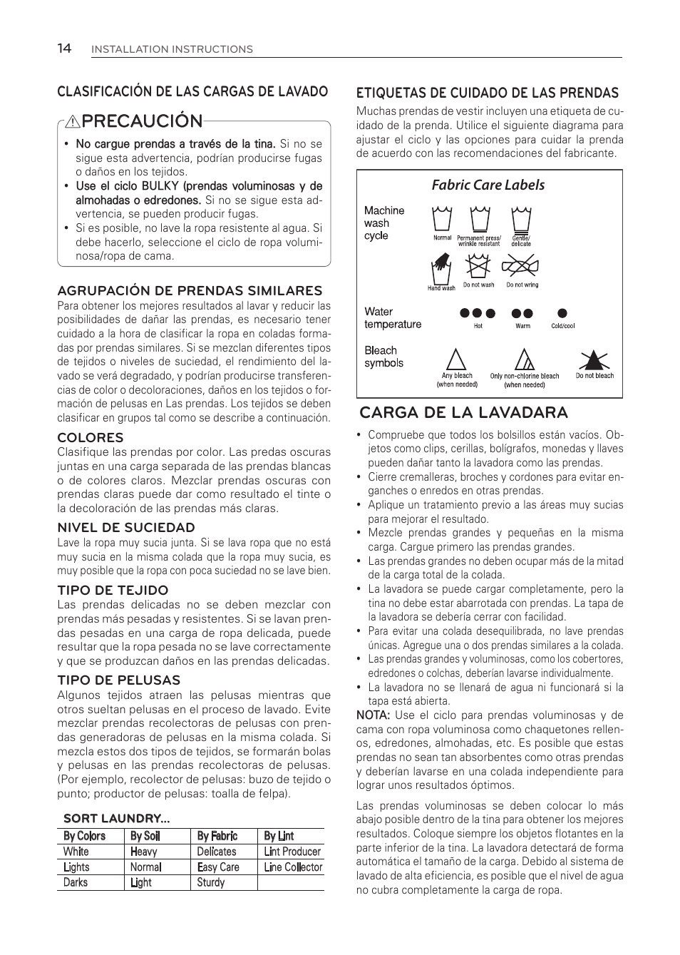 Precaución, Carga de la lavadara, Etiquetas de cuidado de las prendas | Fabric care labels, Clasificación de las cargas de lavado | LG WT1001CW User Manual | Page 50 / 72