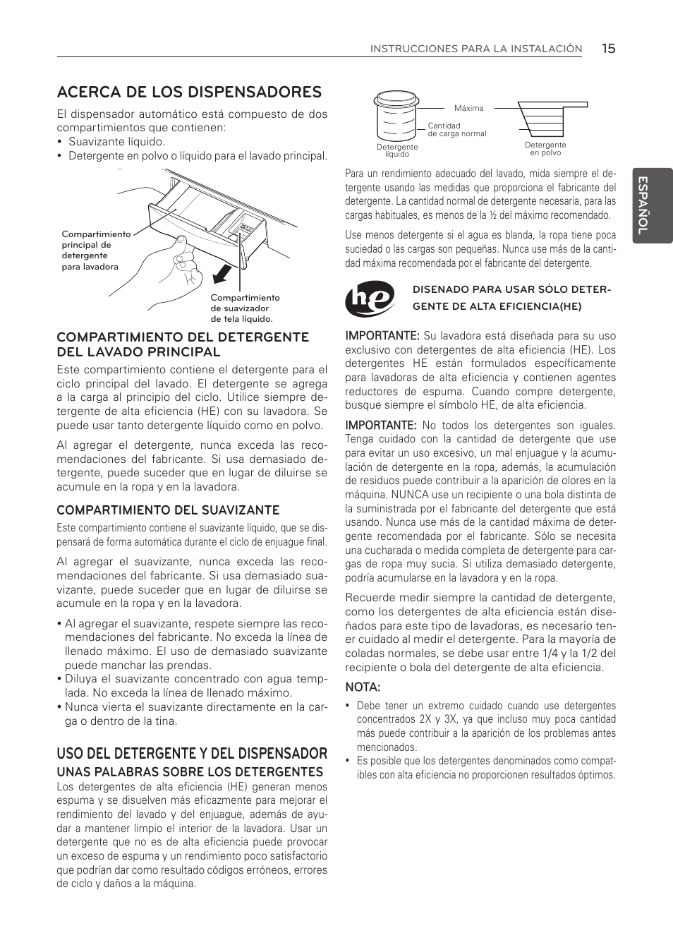 Acerca de los dispensadores, Uso del detergente y del dispensador | LG WT1001CW User Manual | Page 51 / 72