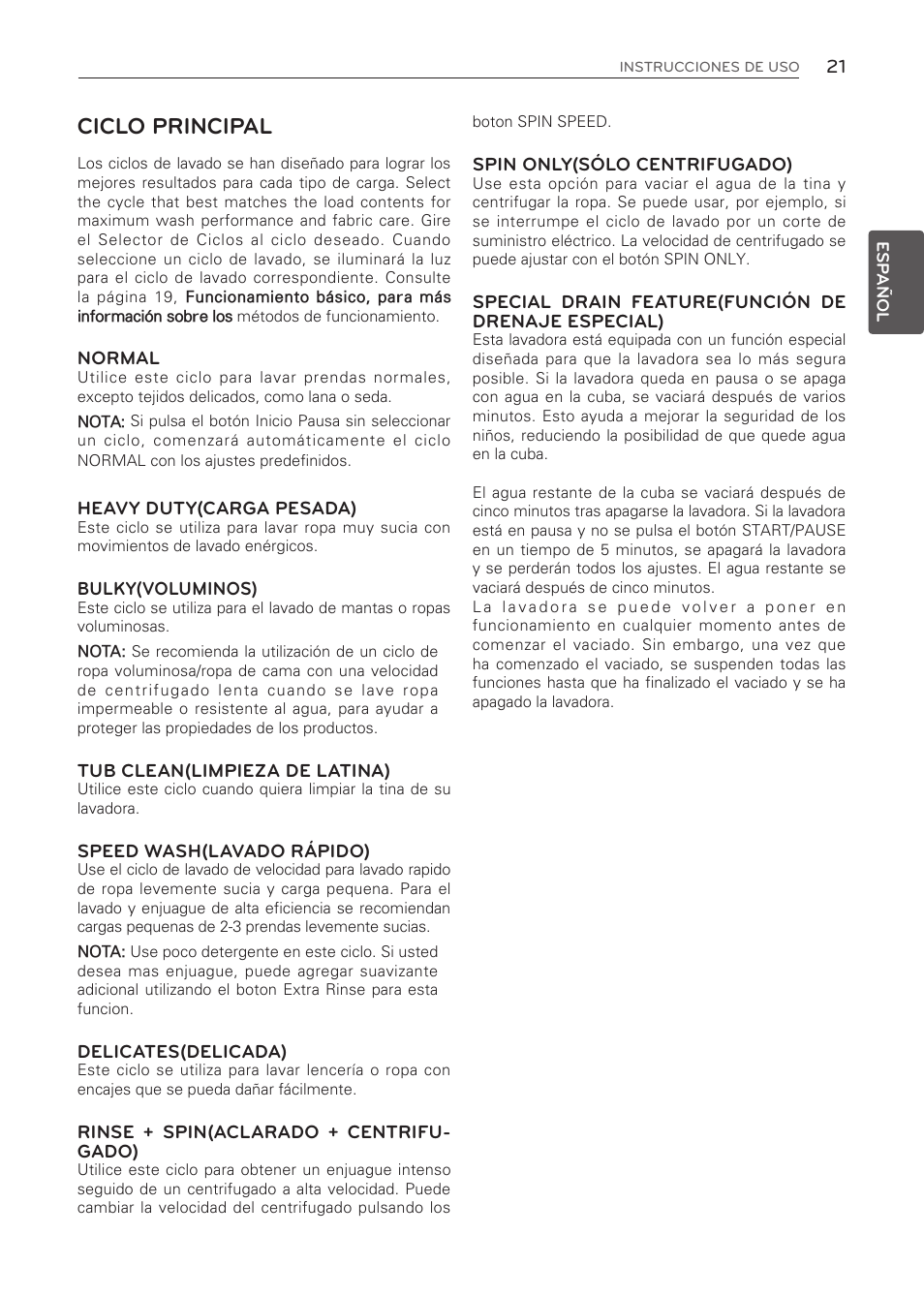 Ciclo principal | LG WT1001CW User Manual | Page 57 / 72