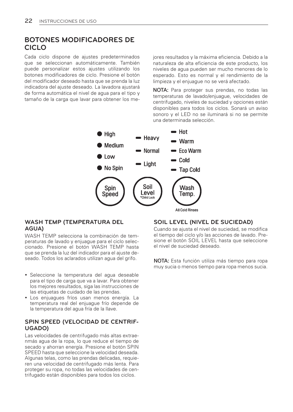 Botones modificadores de ciclo | LG WT1001CW User Manual | Page 58 / 72