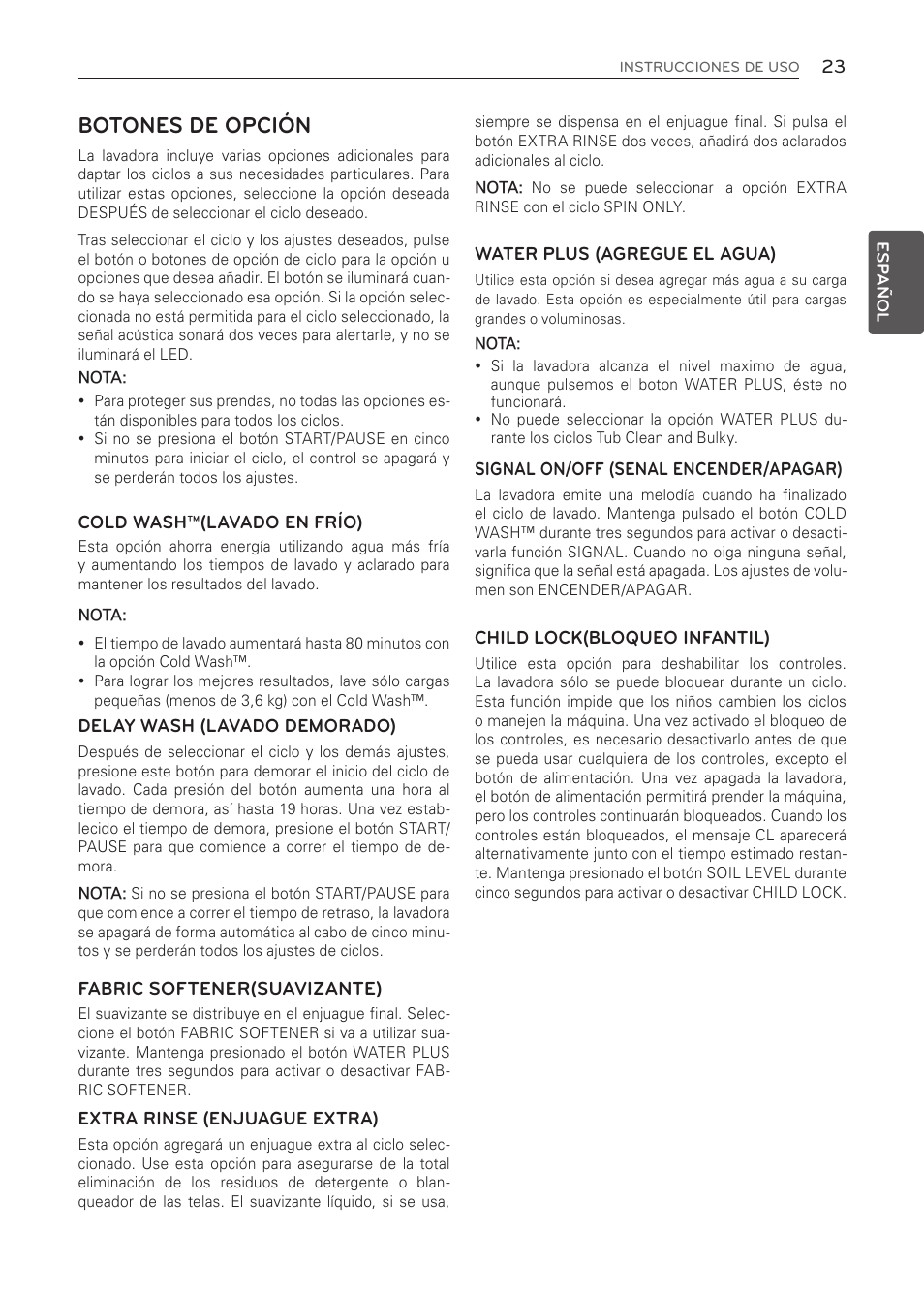 Botones de opción | LG WT1001CW User Manual | Page 59 / 72