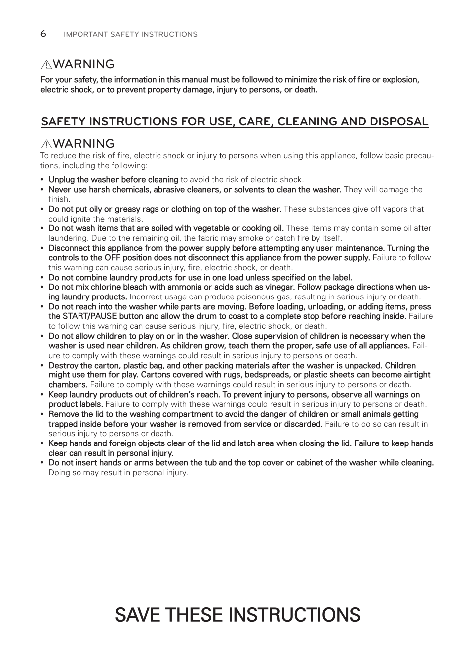 Save these instructions, Warning | LG WT1001CW User Manual | Page 6 / 72
