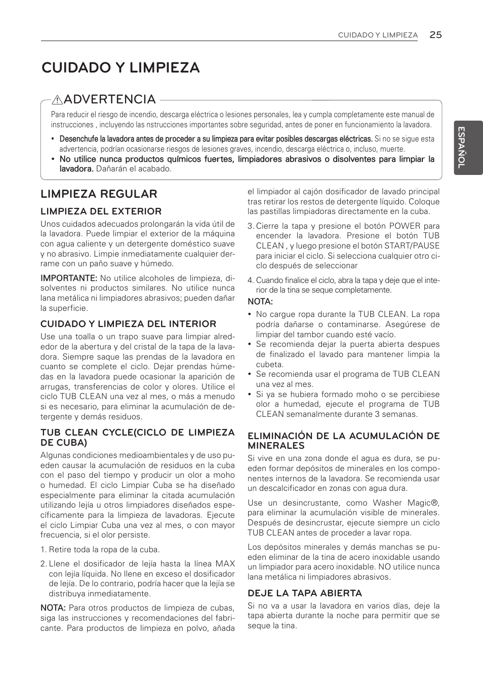 Cuidado y limpieza, Advertencia, Limpieza regular | LG WT1001CW User Manual | Page 61 / 72
