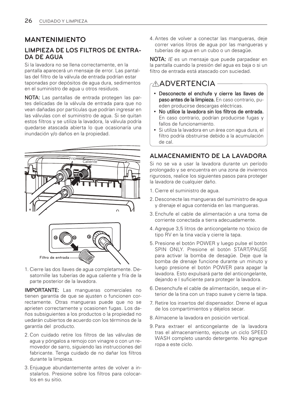 Advertencia, Mantenimiento, Limpieza de los filtros de entra- da de agua | Almacenamiento de la lavadora | LG WT1001CW User Manual | Page 62 / 72