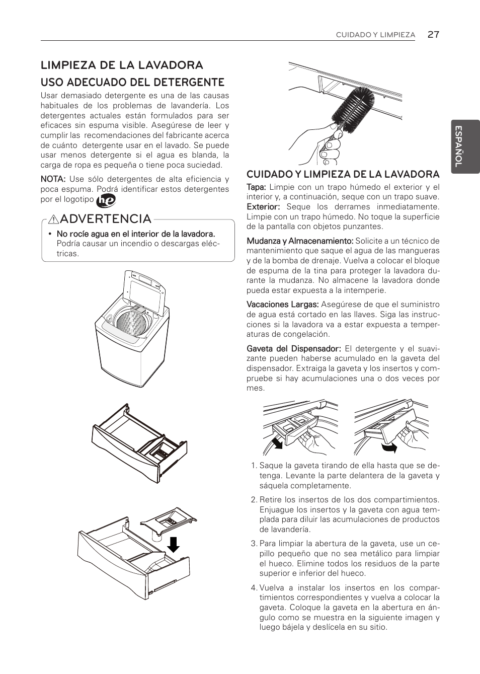Advertencia, Cuidado y limpieza de la lavadora | LG WT1001CW User Manual | Page 63 / 72