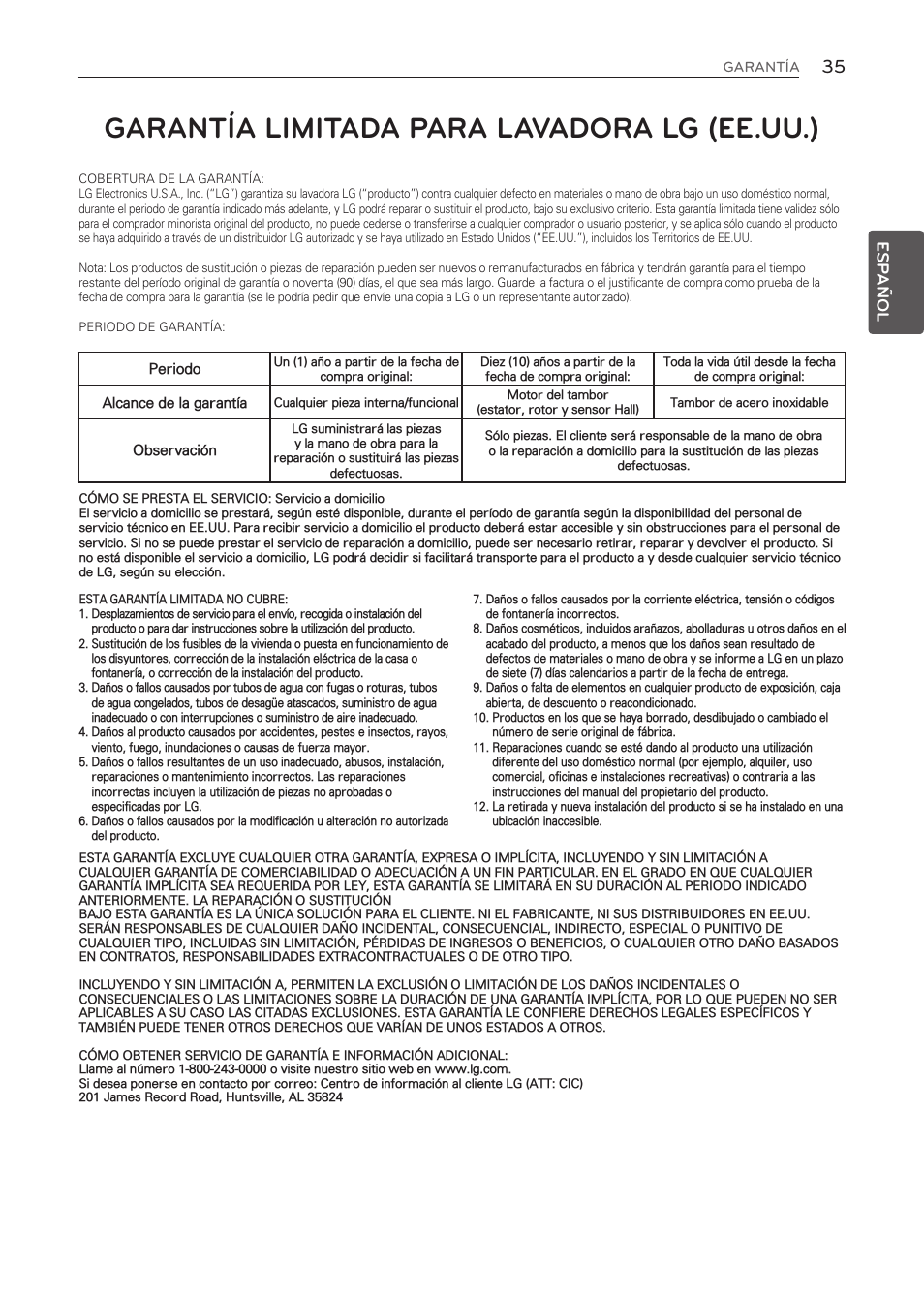 Garantía limitada para lavadora lg (ee.uu.), Esp añol | LG WT1001CW User Manual | Page 71 / 72