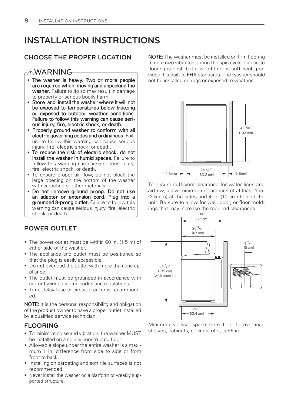 Installation instructions, Warning, Choose the proper location power outlet | Flooring | LG WT1001CW User Manual | Page 8 / 72