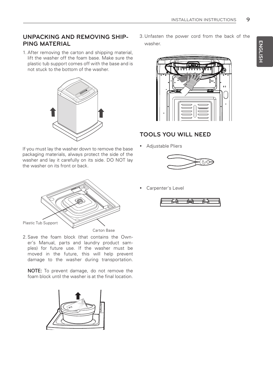 Unpacking and removing ship- ping material, Tools you will need | LG WT1001CW User Manual | Page 9 / 72
