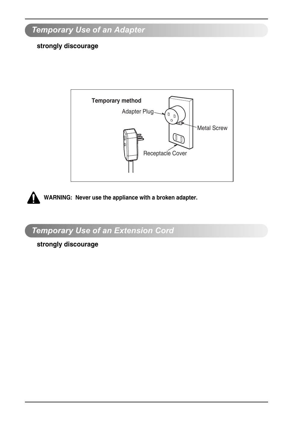 Temporary use of an adapter, Temporary use of an extension cord | LG LD451EGL User Manual | Page 10 / 32