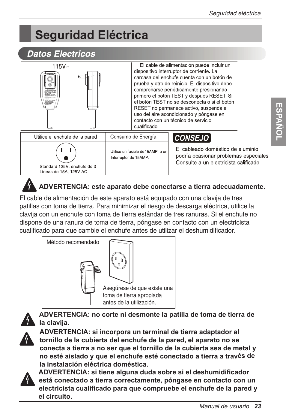 Seguridad eléctrica, Esp añol, Manual de usuario 23 seguridad eléctrica | LG LD451EGL User Manual | Page 23 / 32