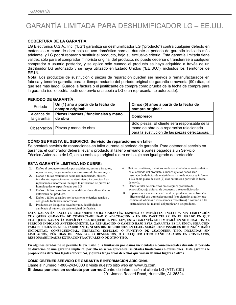 Garantía limitada para deshumificador lg – ee.uu | LG LD451EGL User Manual | Page 30 / 32