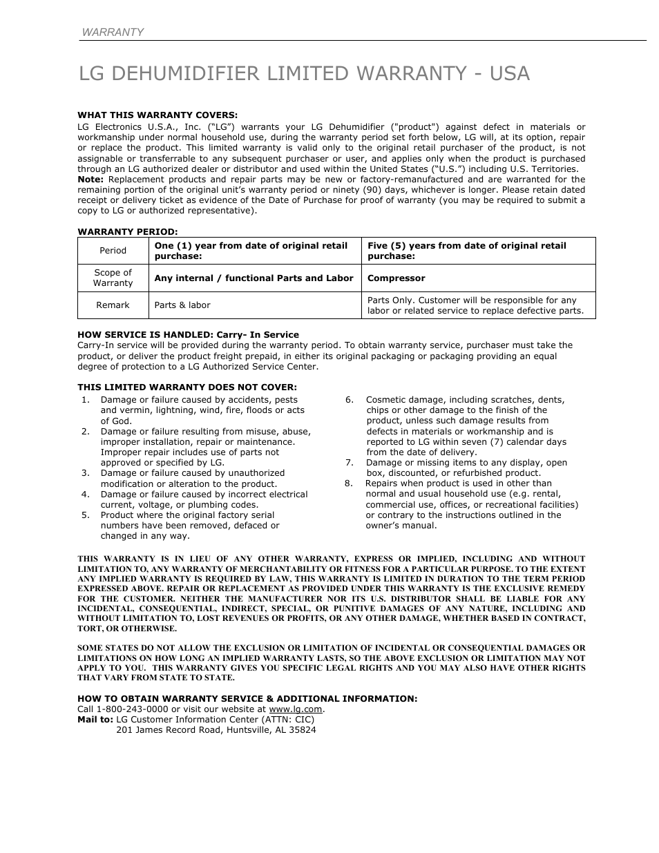 Lg dehumidifier limited warranty - usa, Warranty | LG LD451EGL User Manual | Page 31 / 32
