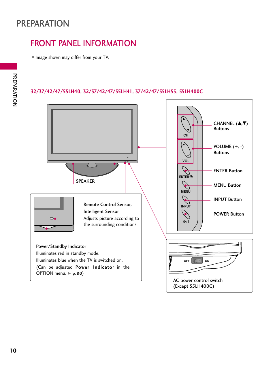 Front panel information, Preparation, Prep ar ation | LG 55LH40 User Manual | Page 10 / 136