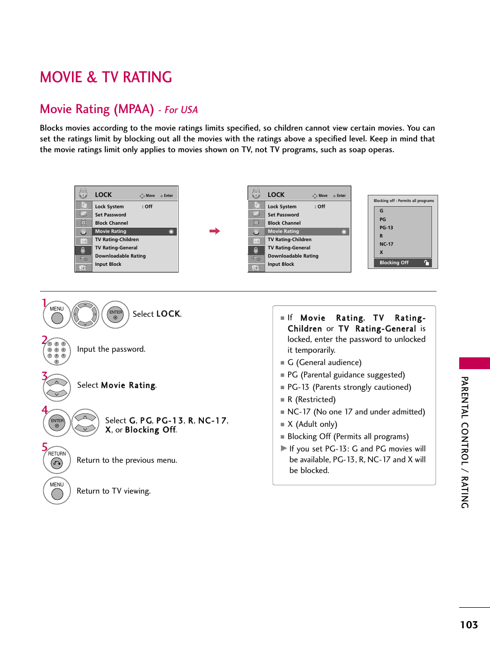 Movie & tv rating, Movie rating (mpaa) - for usa, Movie rating (mpaa) | For usa, Parent al contr ol / r ating | LG 55LH40 User Manual | Page 103 / 136