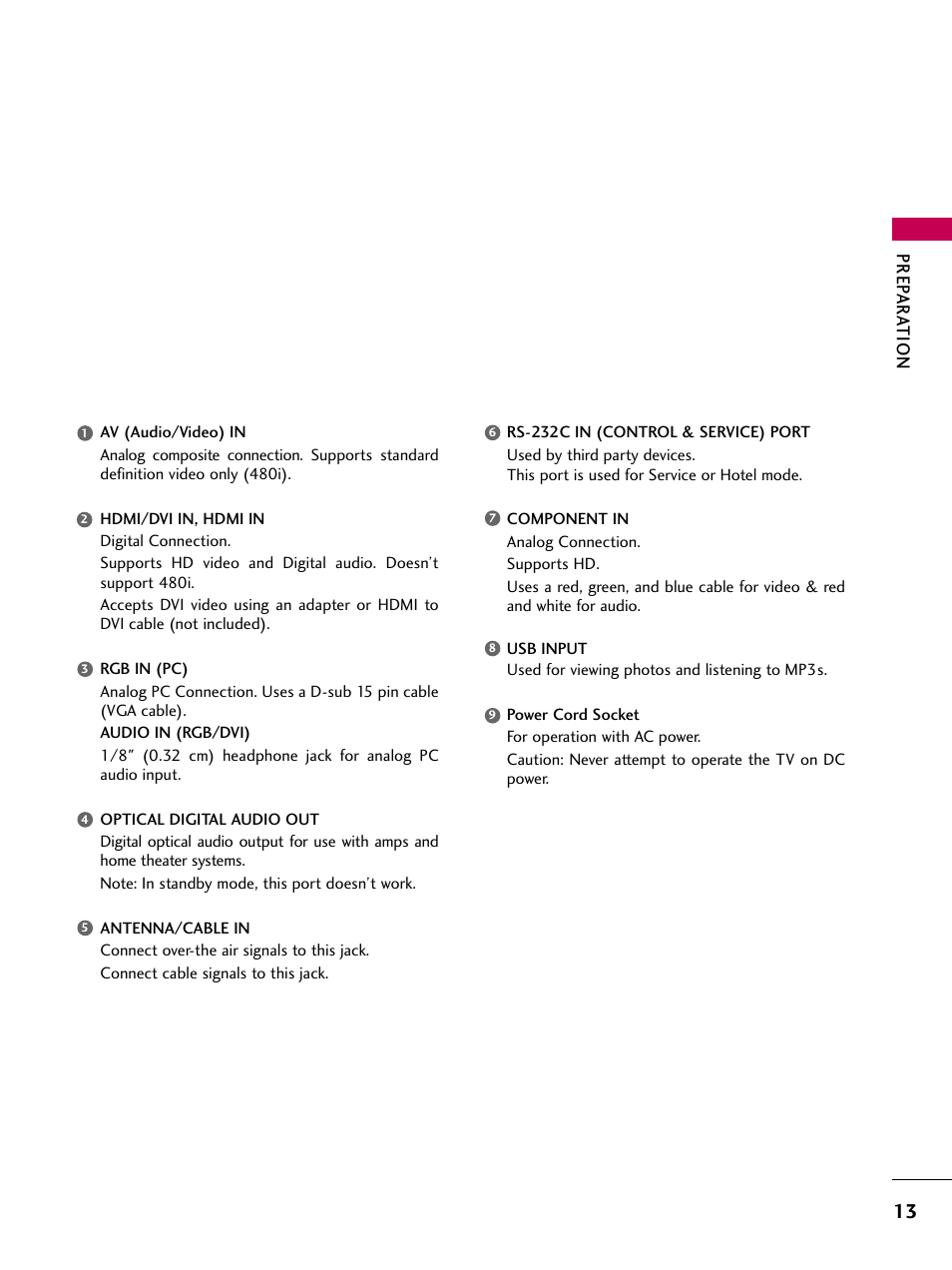 Prep ar at ion | LG 55LH40 User Manual | Page 13 / 136