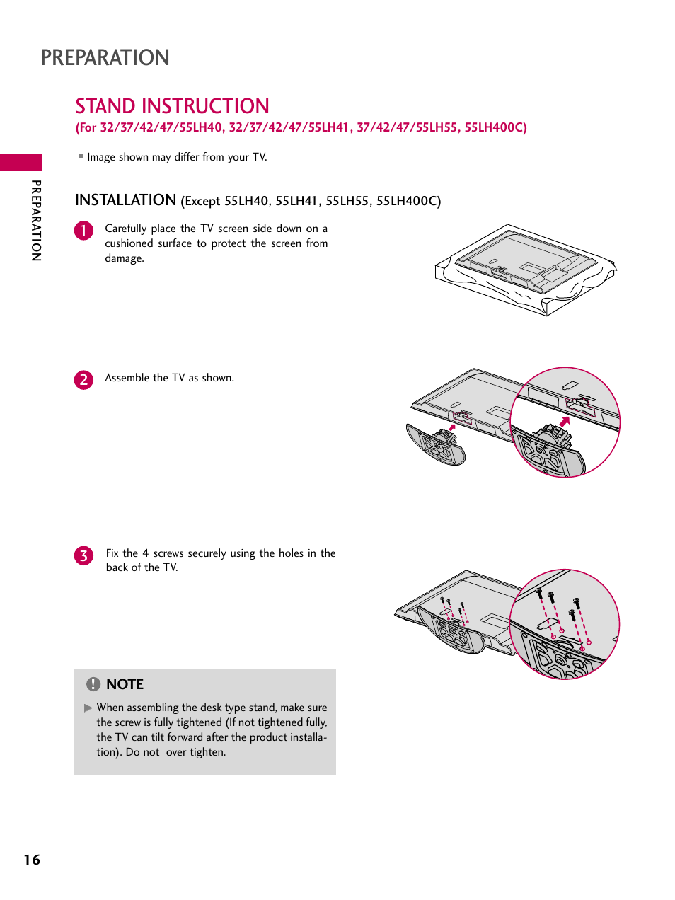 Preparation, Stand instruction, Installation | LG 55LH40 User Manual | Page 16 / 136