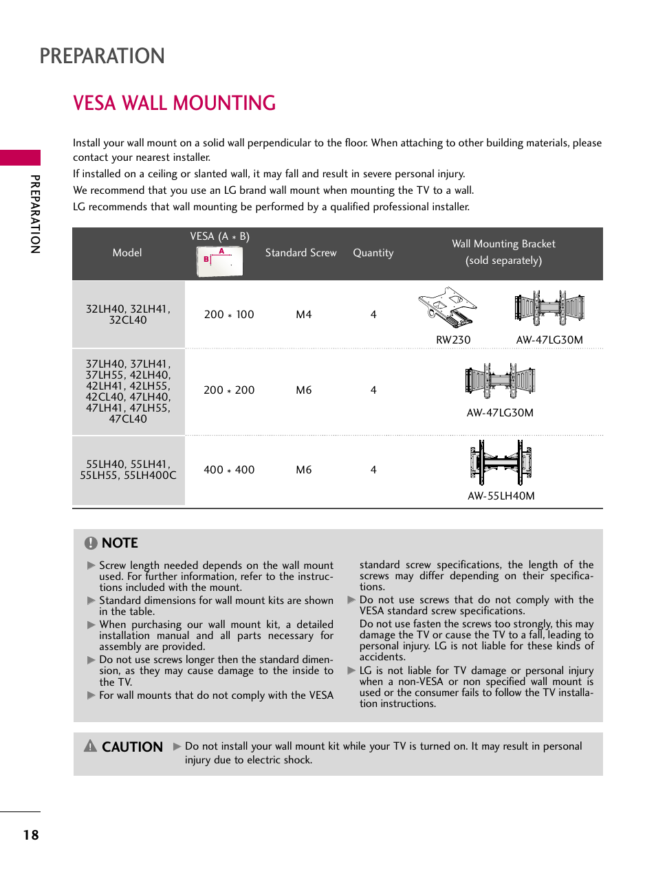 Vesa wall mounting, Preparation, Caution | LG 55LH40 User Manual | Page 18 / 136
