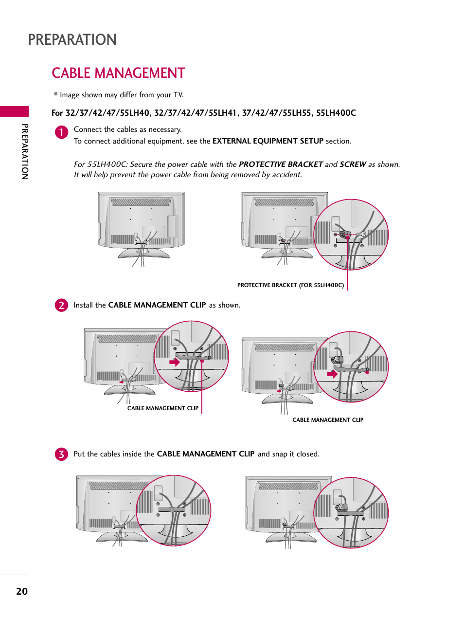 Cable management, Preparation | LG 55LH40 User Manual | Page 20 / 136