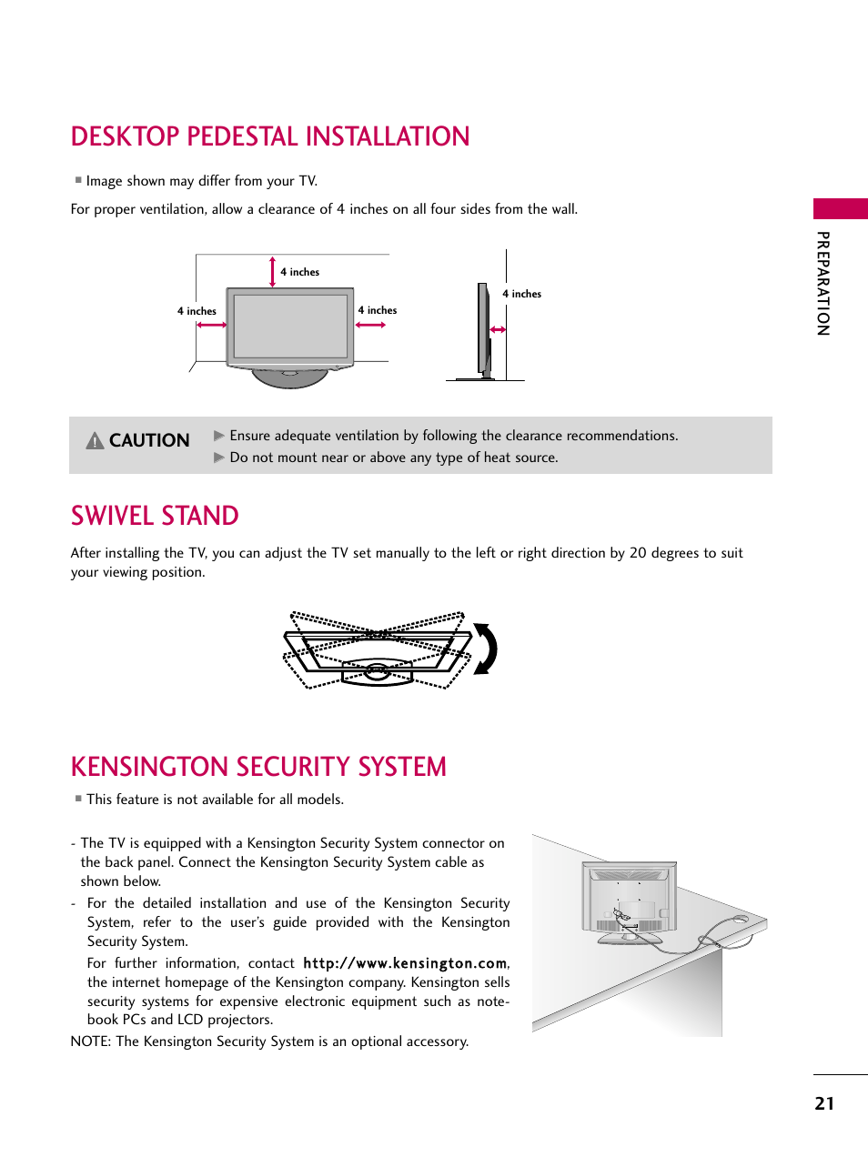 Desktop pedestal installation, Swivel stand, Kensington security system | Desktop pedestal installation swivel stand, Caution | LG 55LH40 User Manual | Page 21 / 136
