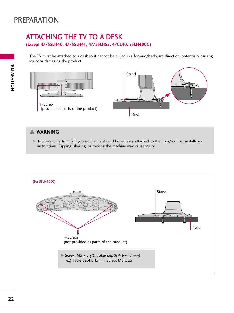 Preparation, Attaching the tv to a desk, Warning | LG 55LH40 User Manual | Page 22 / 136
