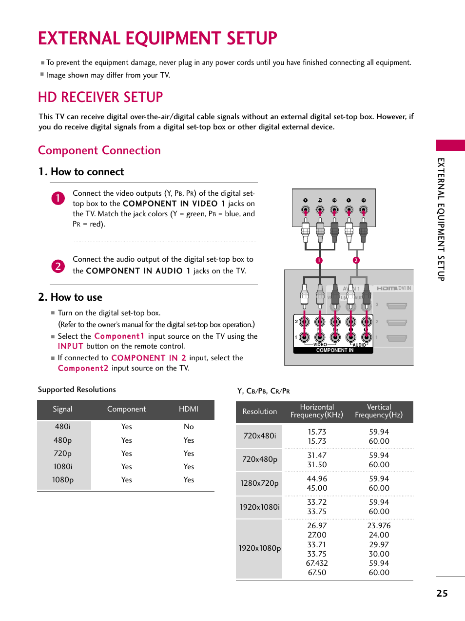 External equipment setup, Hd receiver setup, Component connection | How to connect, How to use, External eq uipment setup | LG 55LH40 User Manual | Page 25 / 136
