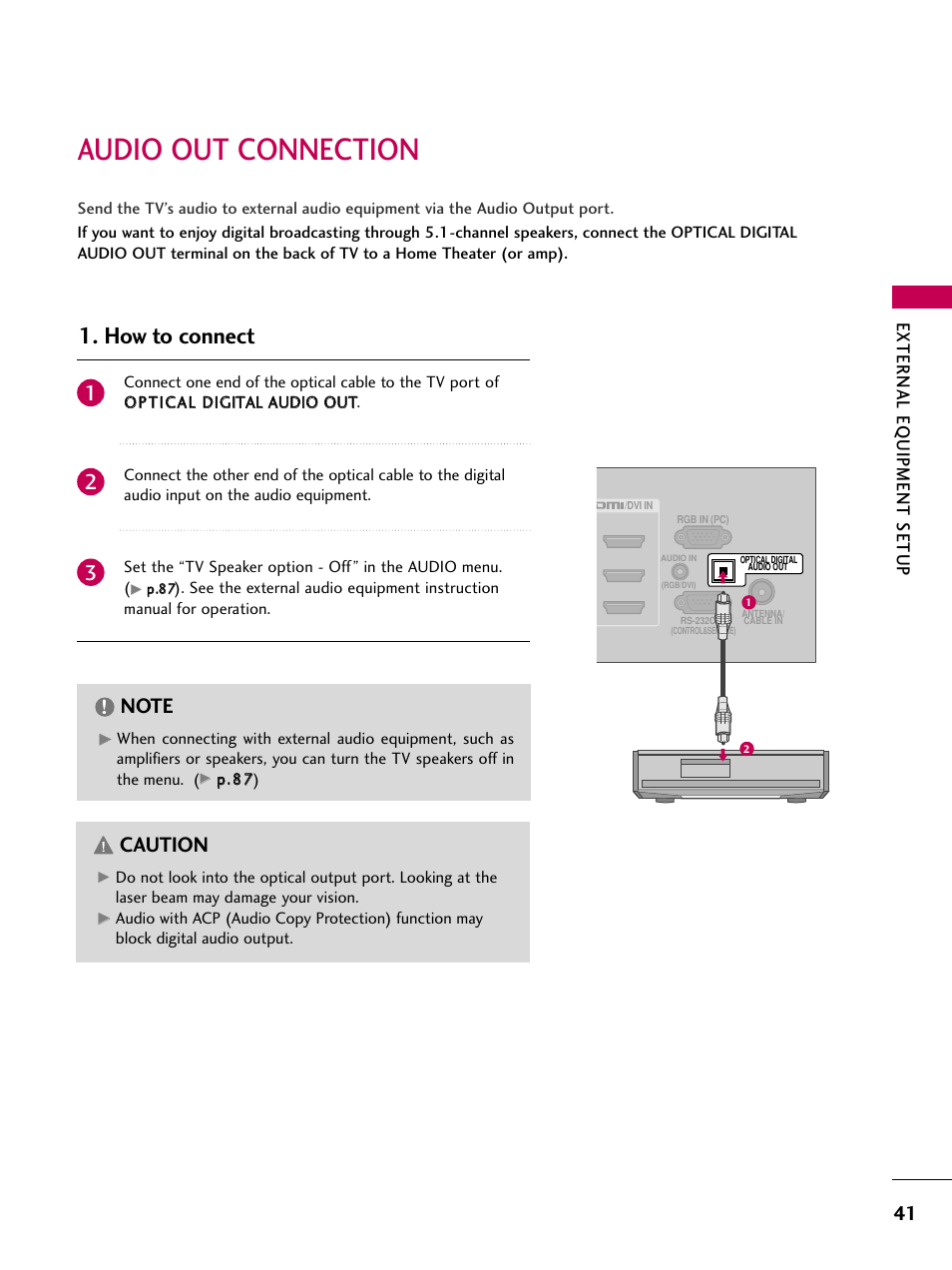 Audio out connection, How to connect, Caution | External eq uipment setup | LG 55LH40 User Manual | Page 41 / 136