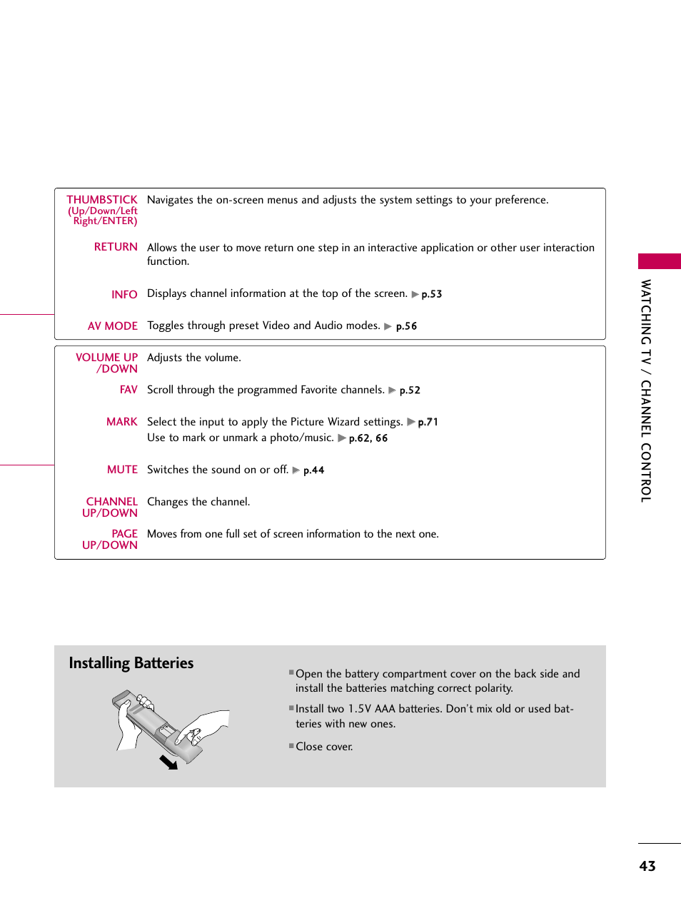 Installing batteries, Watching tv / channel contr ol | LG 55LH40 User Manual | Page 43 / 136
