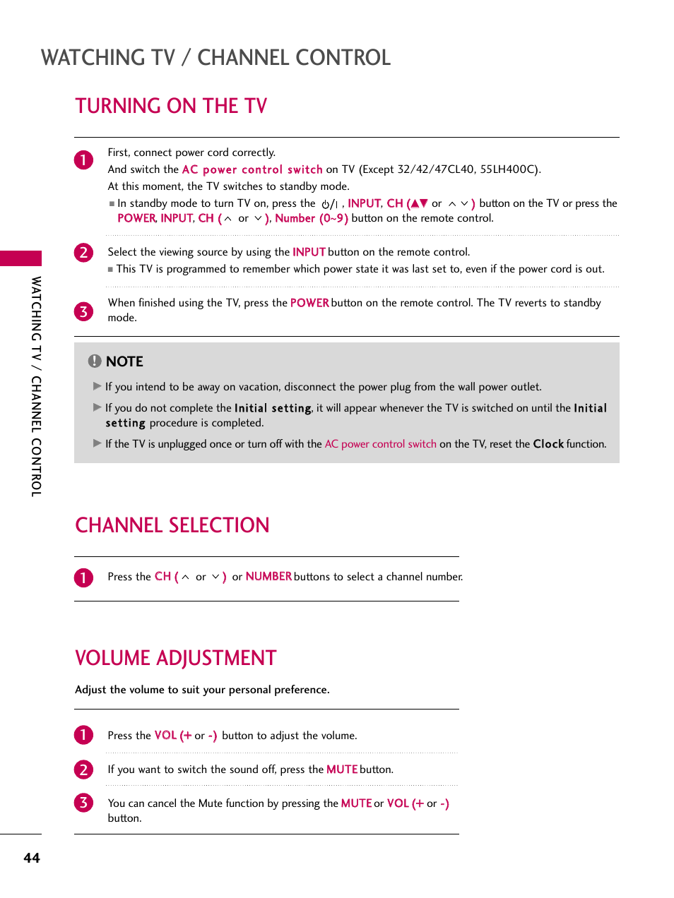 Turning on the tv, Channel selection, Volume adjustment | Watching tv / channel control, Volume adjustment channel selection | LG 55LH40 User Manual | Page 44 / 136