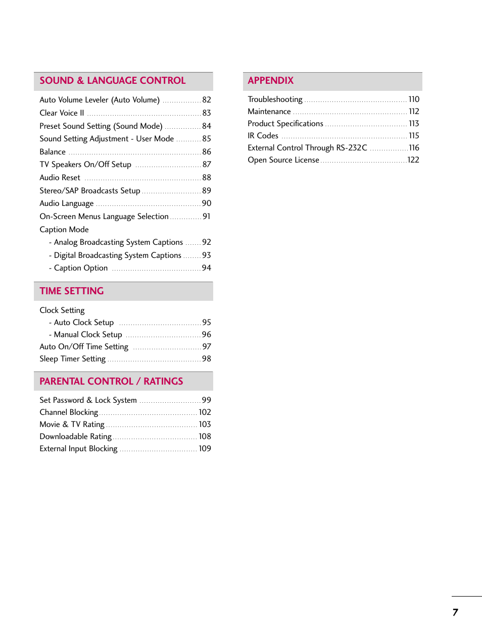 7sound & language control, Time setting, Parental control / ratings | Appendix | LG 55LH40 User Manual | Page 7 / 136