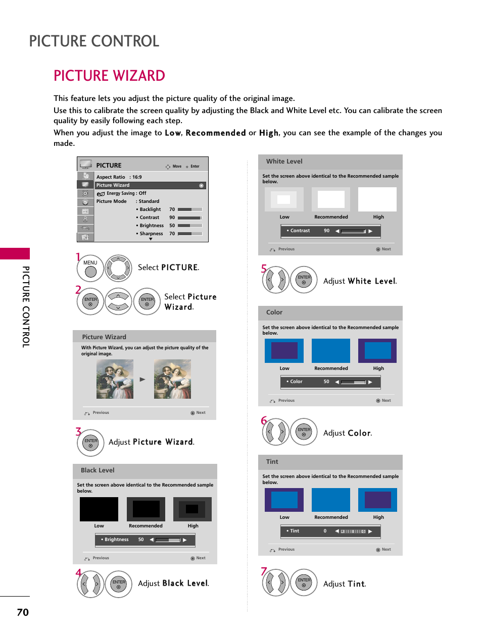Picture wizard, Picture control, Picture contr ol | Adjust b bllaacckk lleevveell, Adjust c co ollo orr, Adjust t tiinntt | LG 55LH40 User Manual | Page 70 / 136