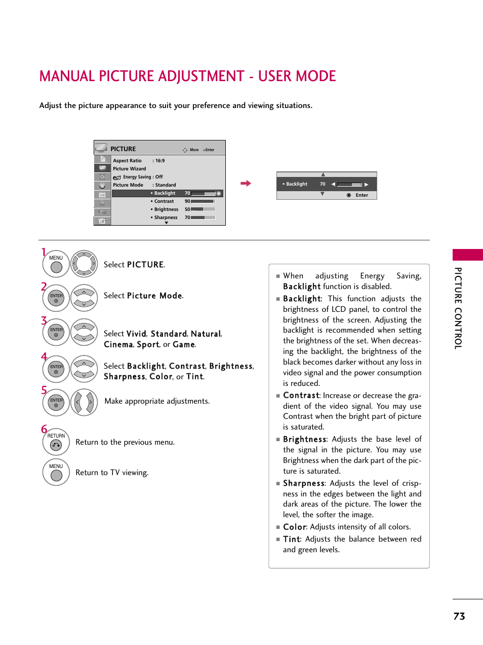 Manual picture adjustment - user mode, Picture contr ol | LG 55LH40 User Manual | Page 73 / 136