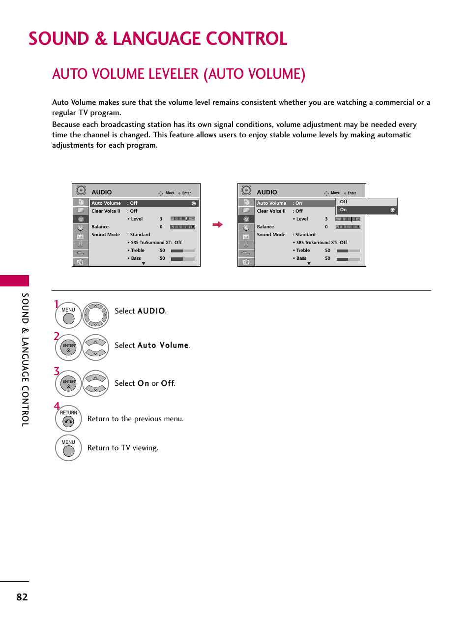 Sound & language control, Auto volume leveler (auto volume), Sound & langu a ge contr ol | Return to the previous menu, Return to tv viewing | LG 55LH40 User Manual | Page 82 / 136