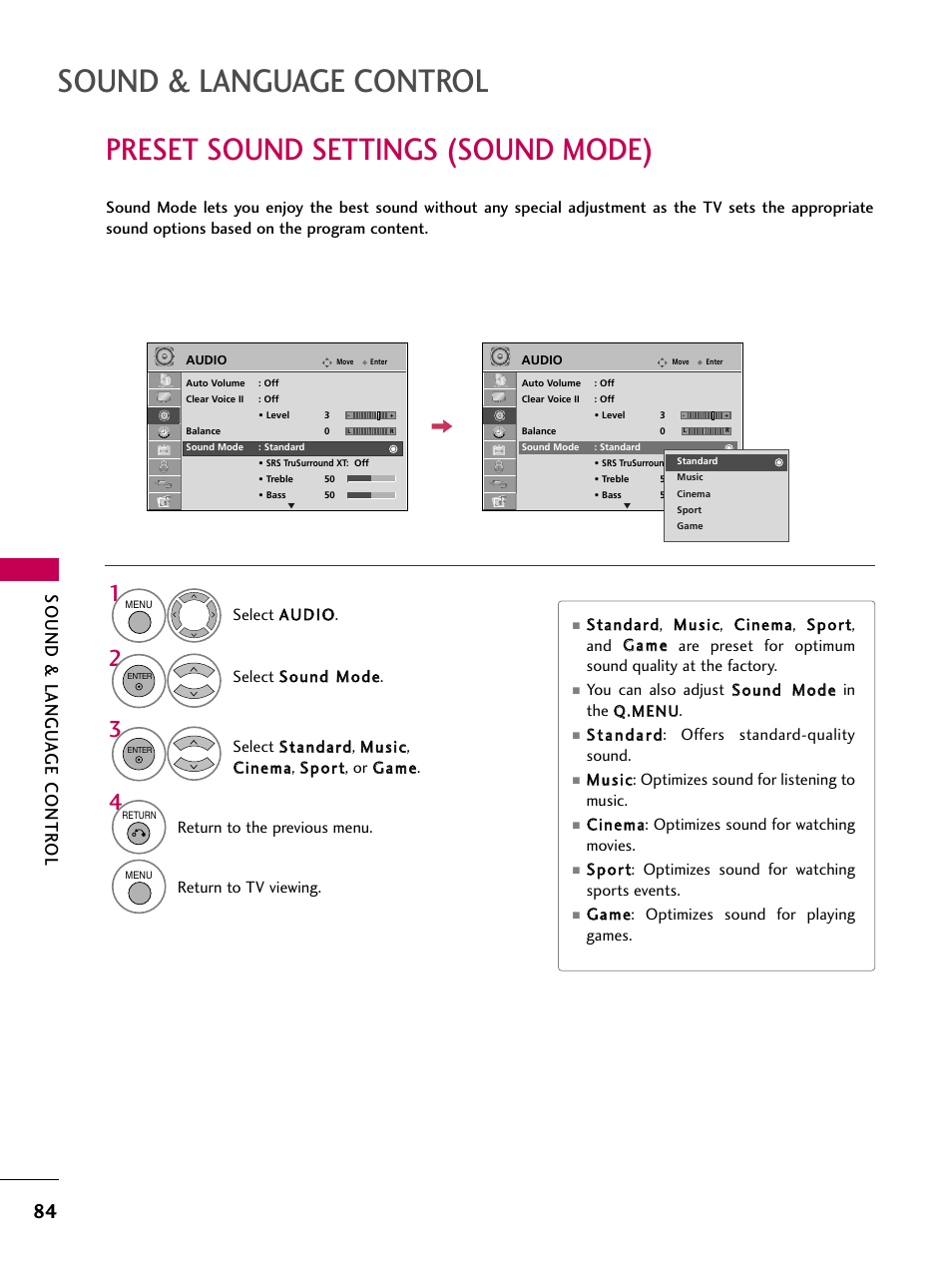 Preset sound settings (sound mode), Sound & language control, Sound & langu a ge contr ol | LG 55LH40 User Manual | Page 84 / 136
